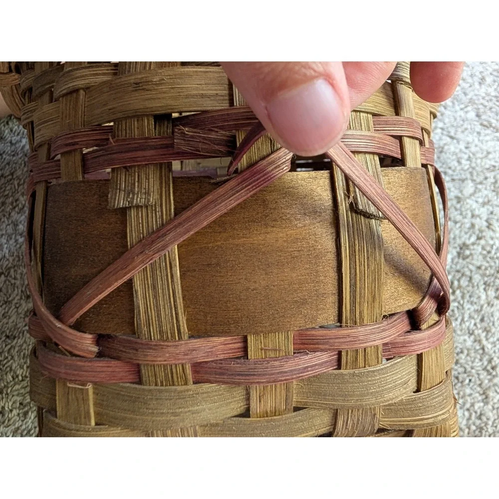 Woven Splint Wood Basket Small Brown Red Good Rustic Farmhouse Cottagecore